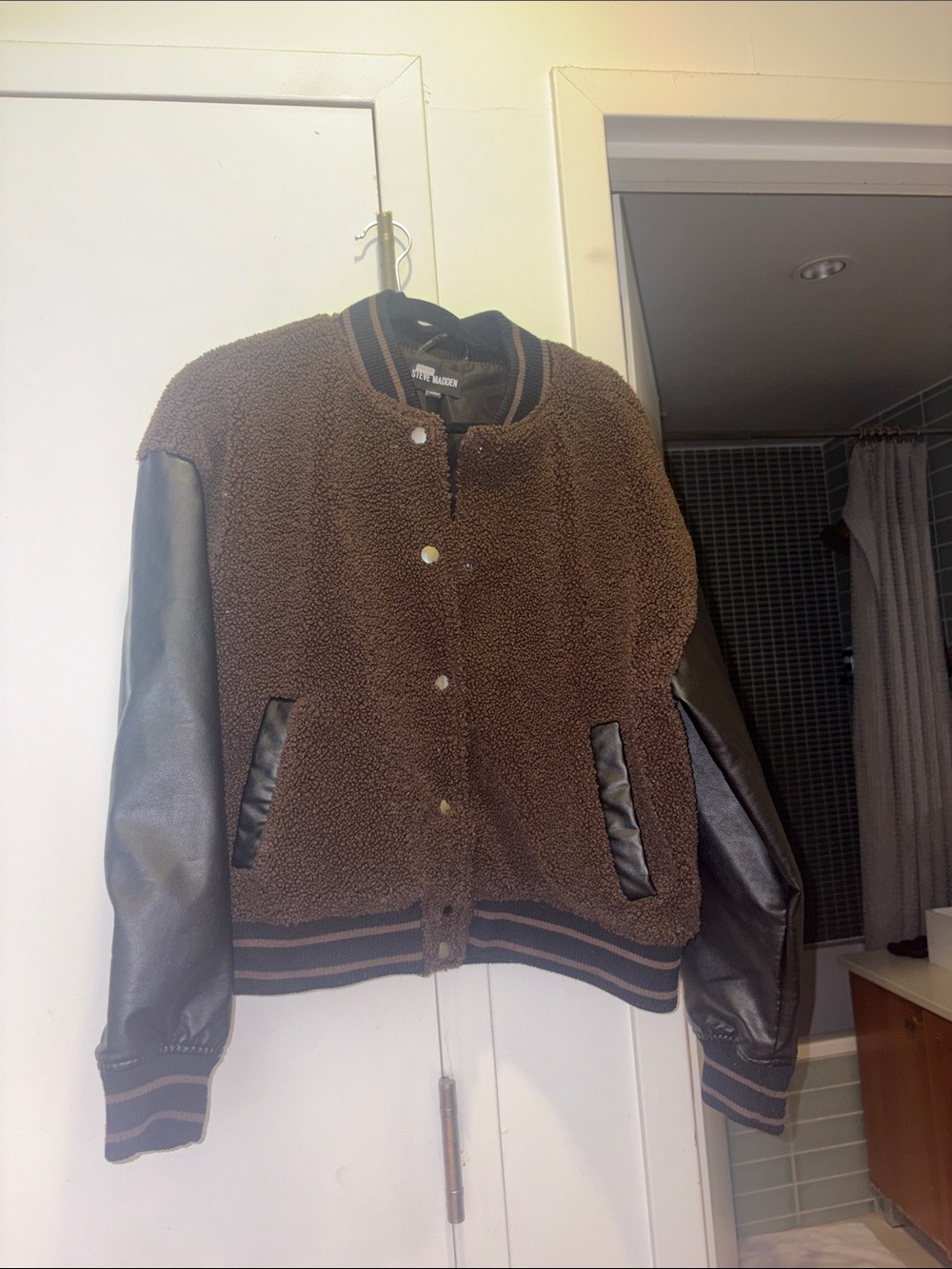 Steve Madden Brown Sherpa Varsity Jacket with Black Leather Sleeves